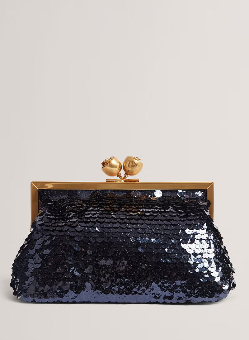 Sequinz Rose Detail Sequin Clutch Bag | Navy