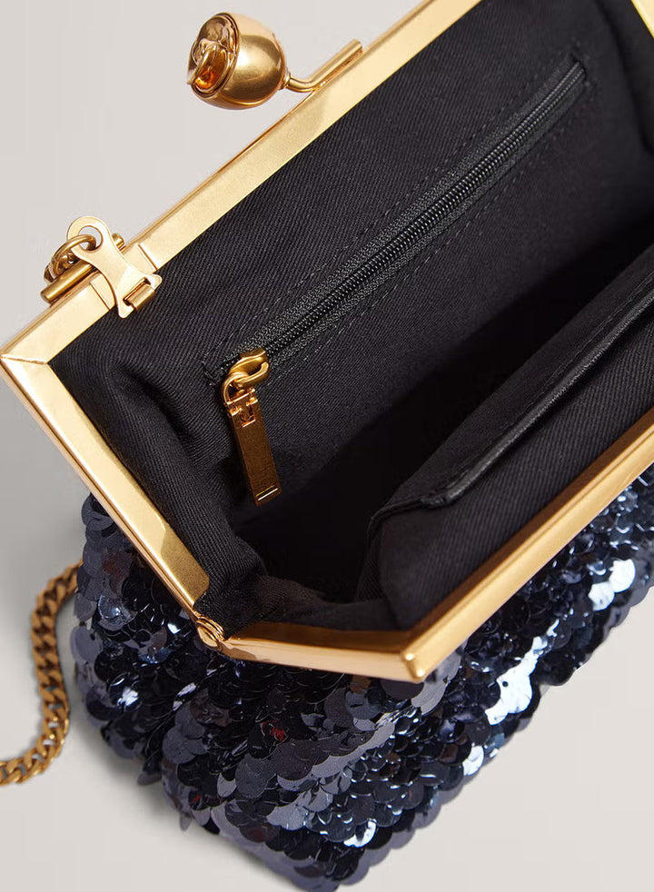 Sequinz Rose Detail Sequin Clutch Bag | Navy