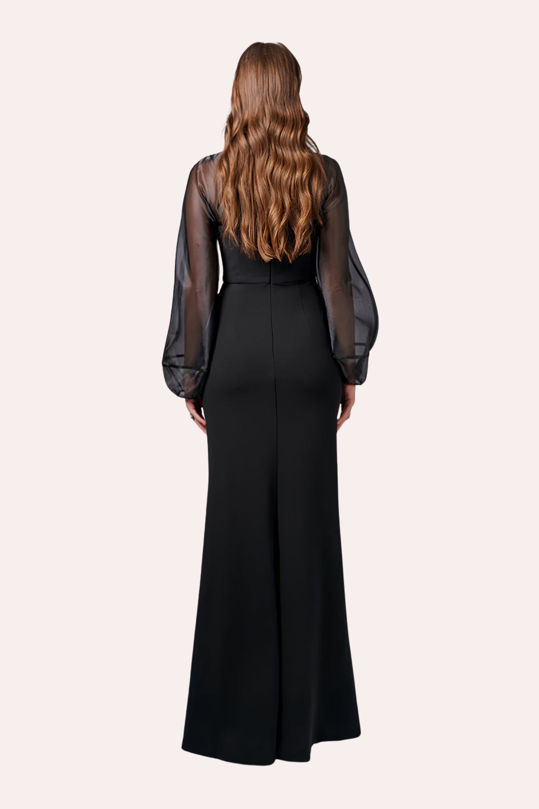 A woman viewed from the back wearing a long black dress with sheer mesh sleeves and a structured waist, against a plain light beige studio background.