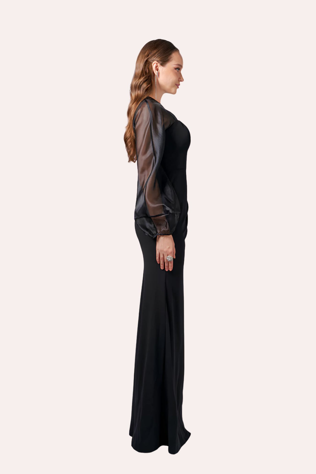 A woman in profile wearing a long black dress with sheer dark brown mesh sleeves, standing against a solid off-white background.
