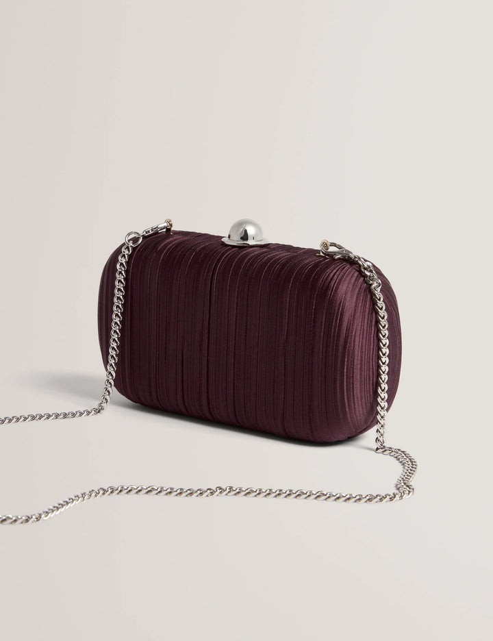 Plisse Pleated Satin Hard Clutch | Burgundy