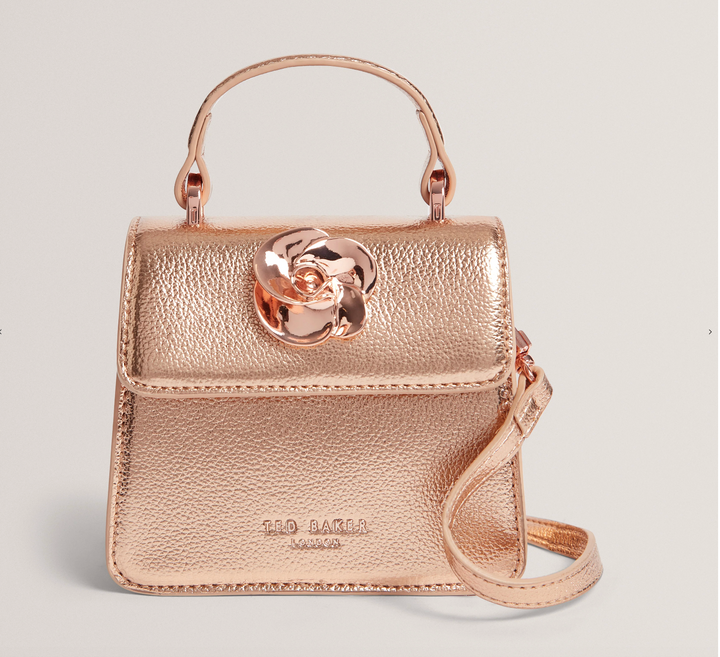 Rosami Rose Detail Mini Metallic Top Handle Bag | Rose Gold