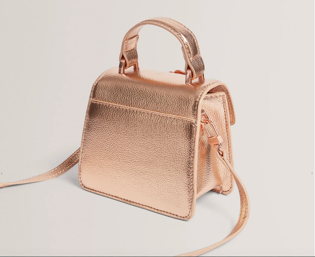 Rosami Rose Detail Mini Metallic Top Handle Bag | Rose Gold