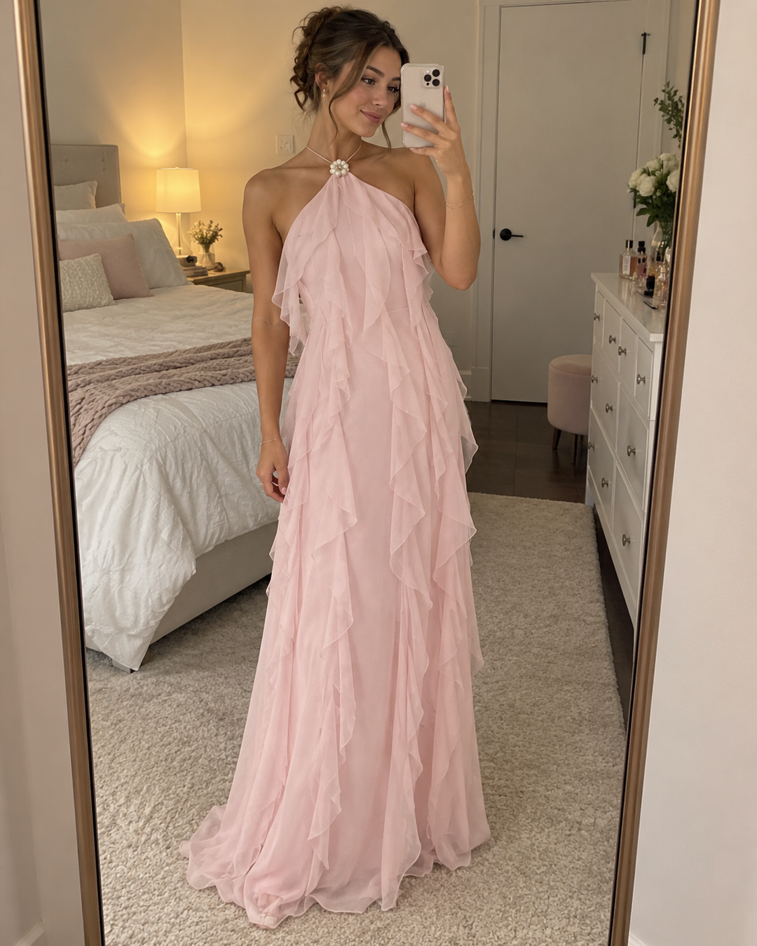 A woman takes a mirror selfie in a bedroom wearing a long, light pink halter gown with layered ruffle details. The bedroom features a bed with white bedding, a nightstand with a lamp, and a white dresser.
