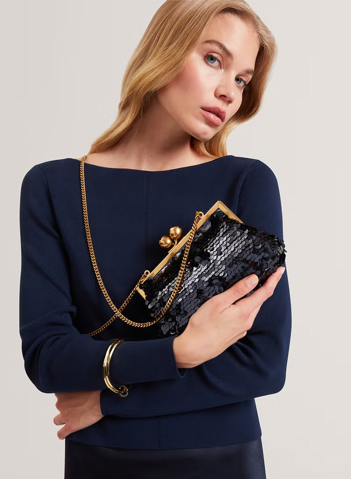 Sequinz Rose Detail Sequin Clutch Bag | Navy
