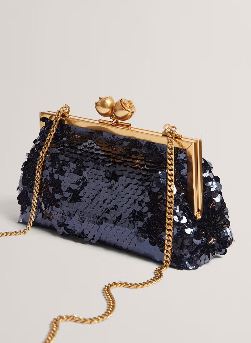 Sequinz Rose Detail Sequin Clutch Bag | Navy